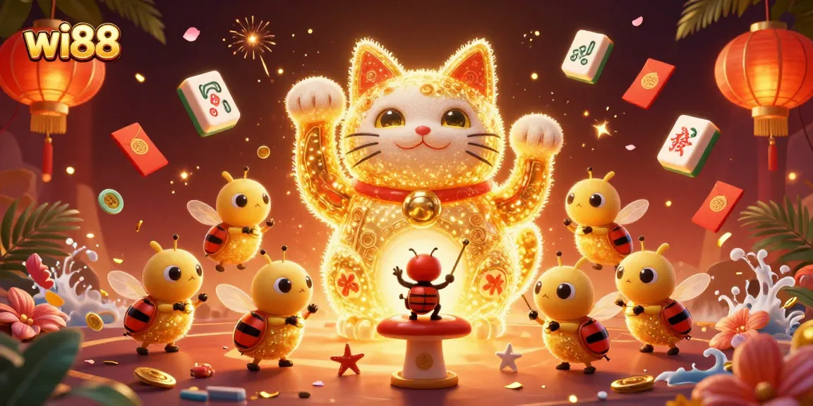 Experience the thrill of wi88 casino with festive elements and a giant lucky cat.