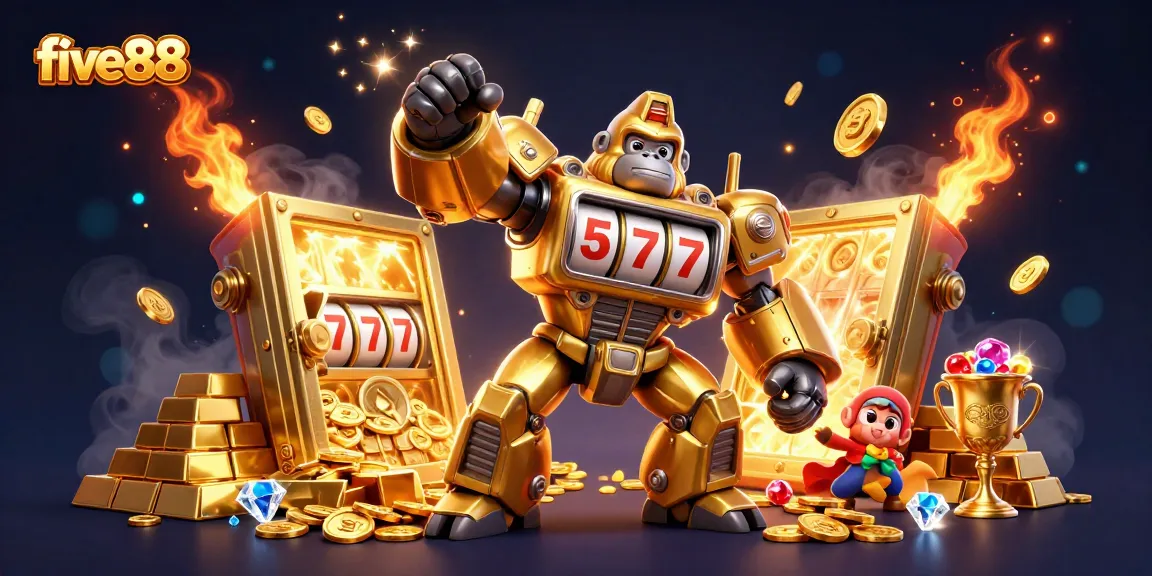 Experience the excitement of five88 with a golden gorilla mech and treasure in dynamic casino action.