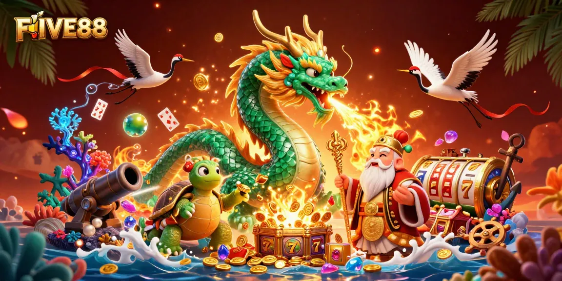 Experience the excitement of FIVE88 with a jade dragon, treasures, and lively casino elements.