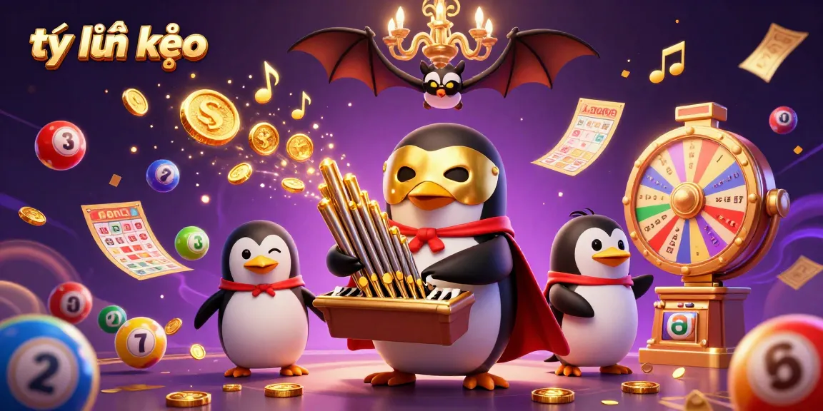 Bets on tỷ lệ kèo emphasized with 3D penguin playing organ amid dynamic lottery themes, showcasing vibrant casino energy.