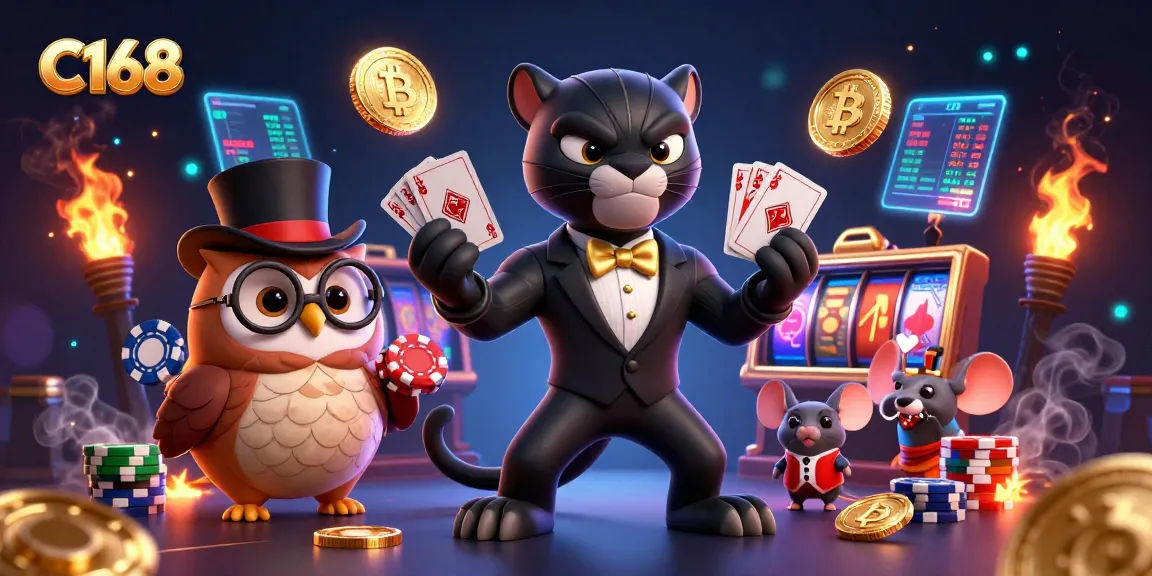 C168 showcases a stylish black panther dealing cards in a vibrant casino scene with crypto elements.