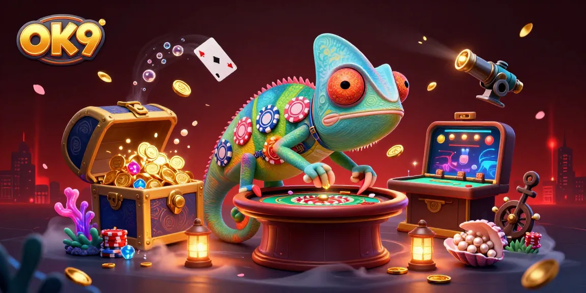 Engage in exciting gaming at OK9 with a vibrant chameleon showcasing riches.