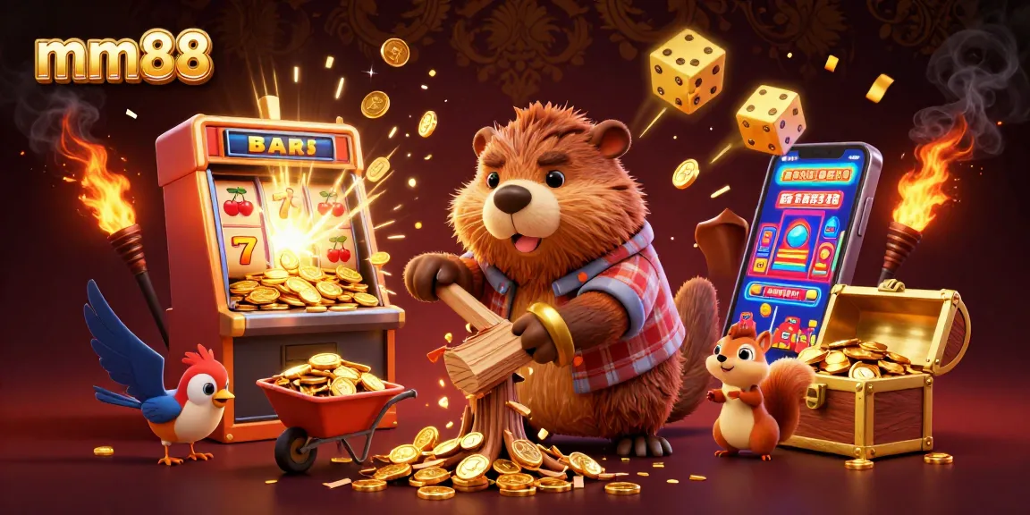 Spin the reels of mm88 with vibrant gold coins raining and lively characters in a dynamic casino scene.