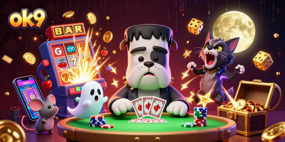 Experience thrilling gameplay at ok9 with a colorful 3D casino scene featuring whimsical characters and dynamic game elements.