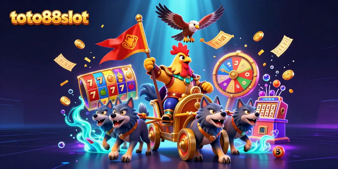 Win big at toto88slot with a vibrant scene of a rooster warlord leading a dynamic casino adventure.