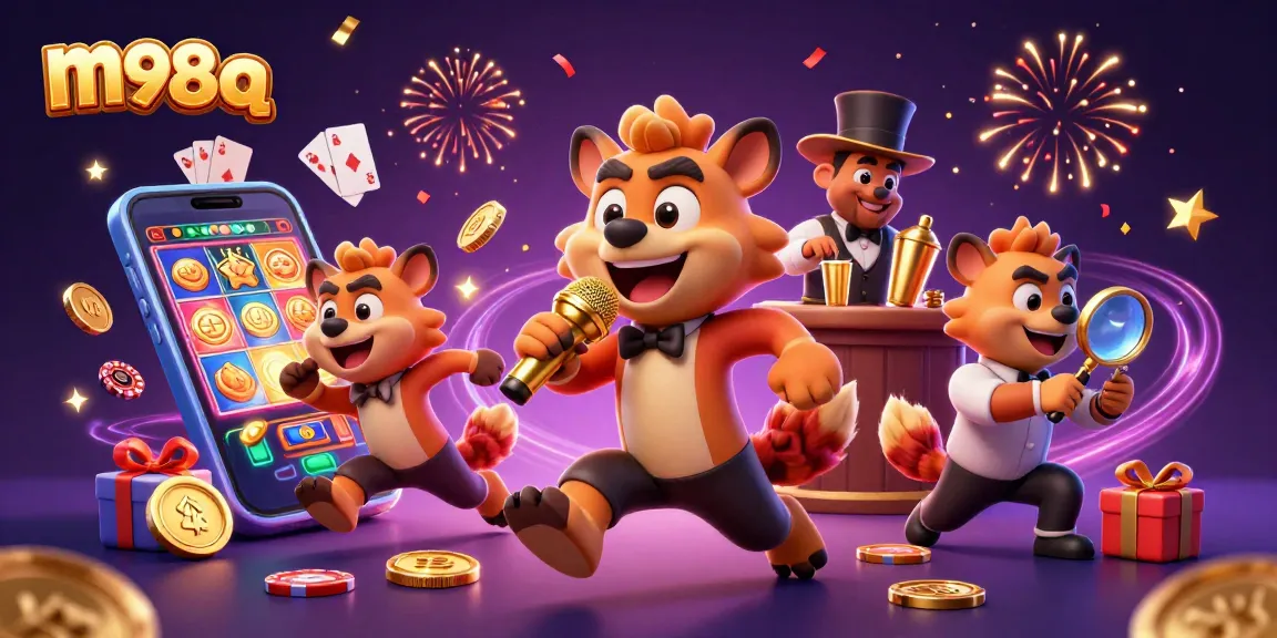 Experience fun with m98 q at a comedy casino featuring hyenas, drinks, slot games, and vibrant celebration.