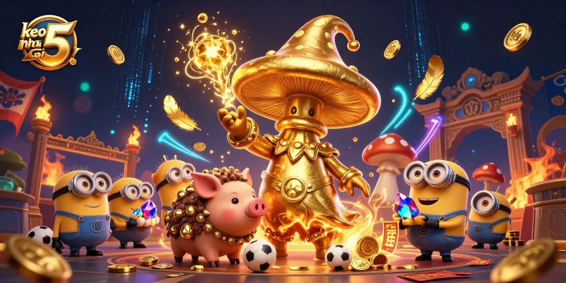 Engaging scene displaying keo nha cai 5 with a golden mushroom wizard and treasures amidst dynamic sports betting elements.