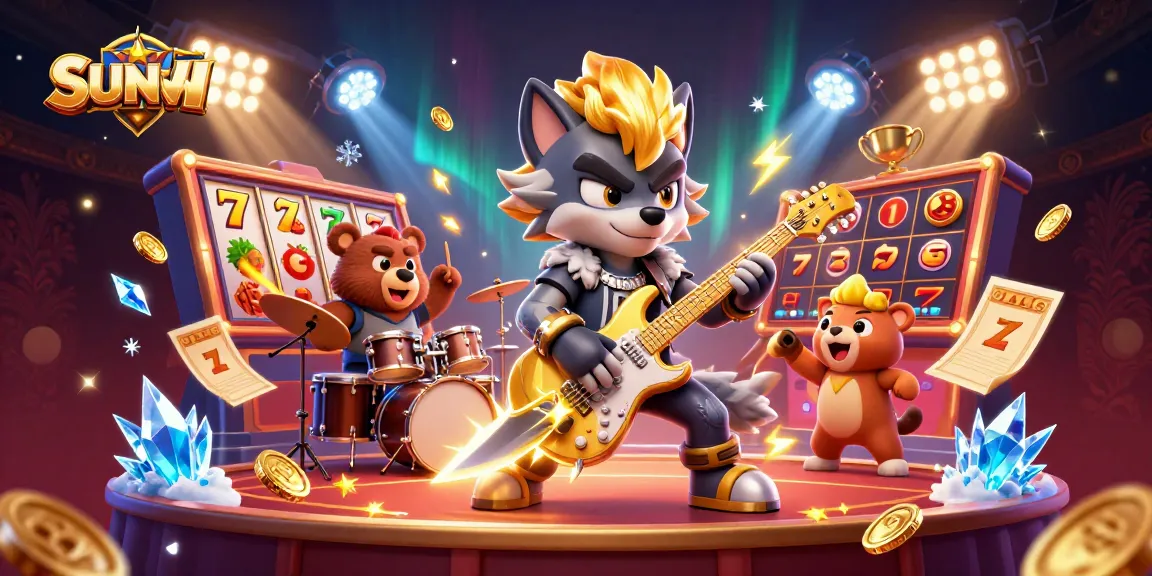 SUNWIN engages players with vibrant 3D casino excitement featuring a rock star wolf and dynamic slot elements.