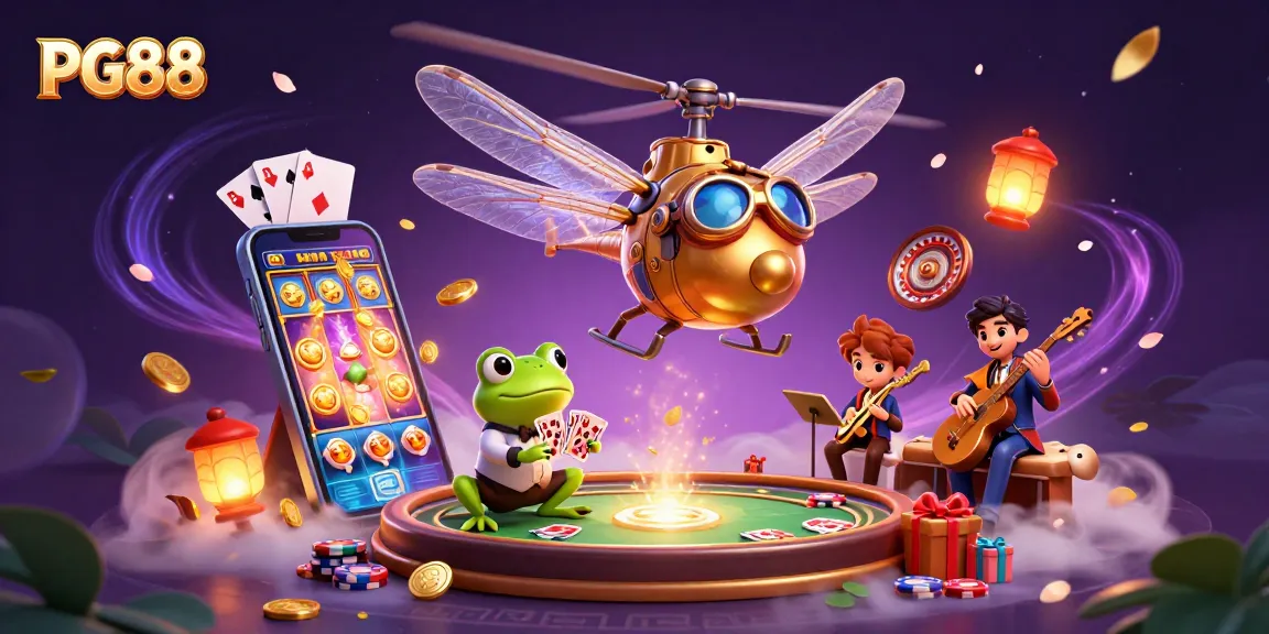 Engage with PG88's vibrant casino experience featuring a dragonfly pilot, frog croupier, and exciting game elements.