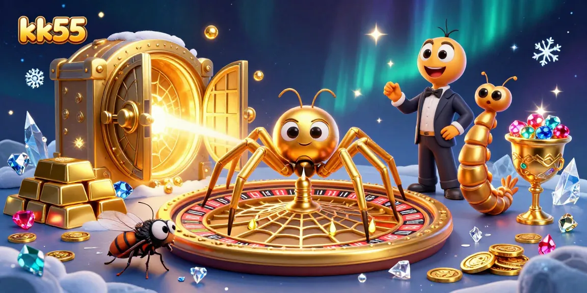 kk55 highlights an energetic casino scene with a spider croupier and interactive gambling elements.