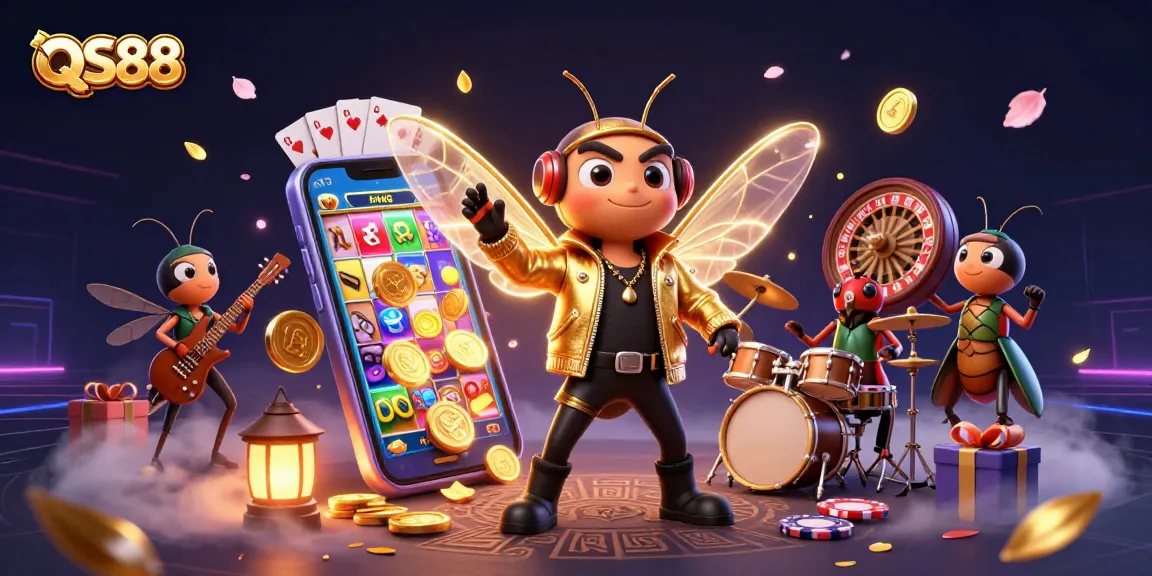 Experience the excitement of QS88 with a dramatic casino rock star scene of vibrant slot games and dynamic characters.