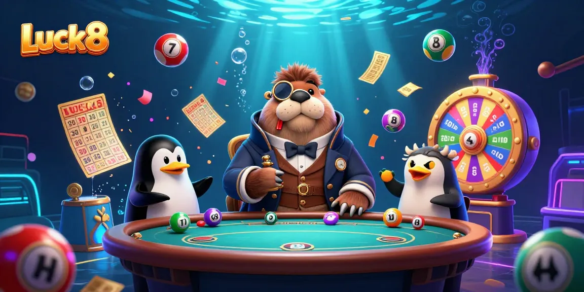 Luck8 illustrates a vibrant underwater poker game featuring a walrus, penguin dealer, and bluffing pufferfish.