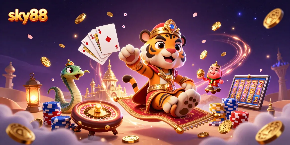 Experience thrilling slots at sky88 with a vibrant scene featuring a tiger sultan and gold treasures.