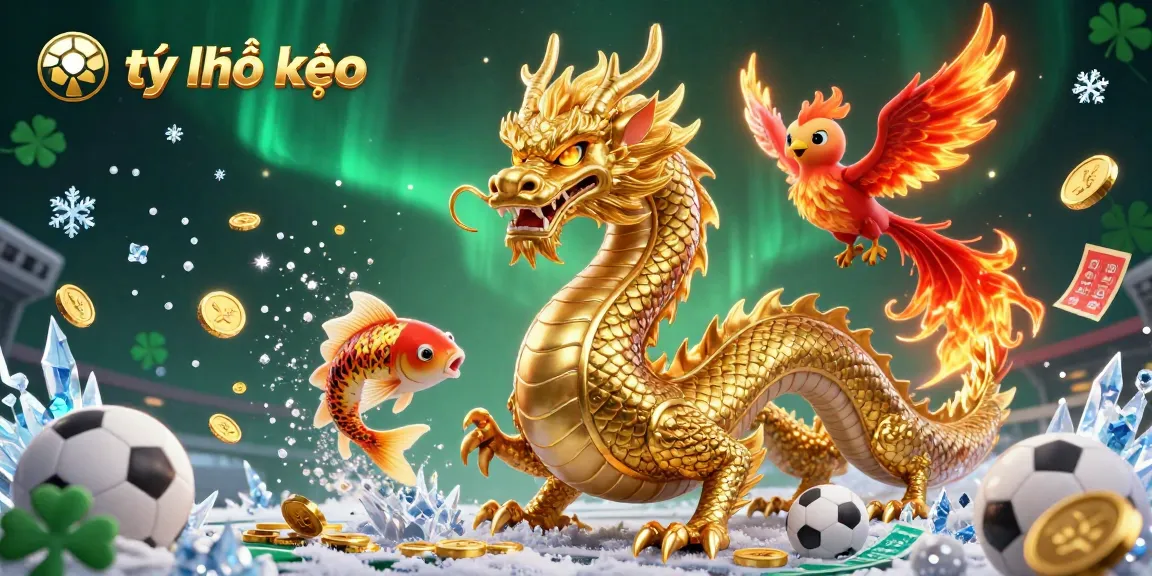 Experience thrilling tỷ lệ kèo action with a golden dragon, a fiery phoenix, and winning symbols in a vibrant casino scene