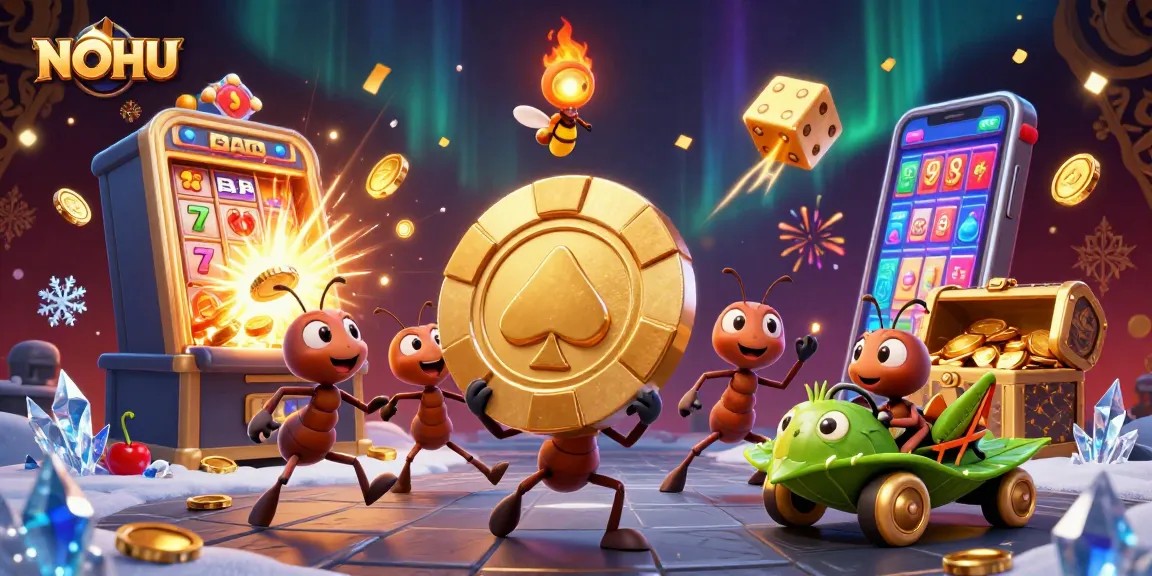 Engage in thrilling gambling with NOHU's cartoon scene featuring a heist with oversized gaming elements.