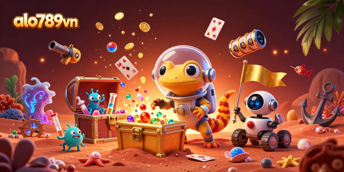 A 3D illustration showcasing the excitement of alo789vn with a Martian gecko discovering a vibrant casino environment.