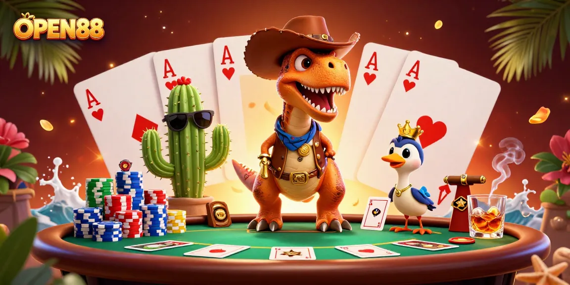 Engage in thrilling gaming adventures with OPEN88 featuring a lively T-Rex, poker elements, and a vibrant backdrop.