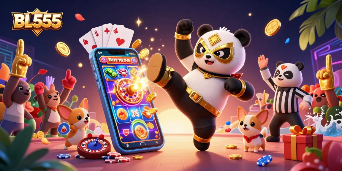 Experience the excitement of BL555 with a panda wrestler kicking in a vibrant casino scene.