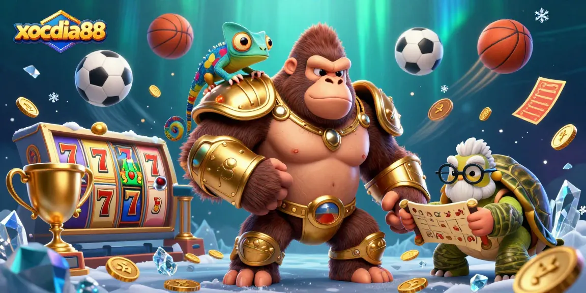 xocdia88 showcases a powerful gorilla king, colorful chameleon, and wise tortoise in a dynamic casino scene filled with slots and gold coins.