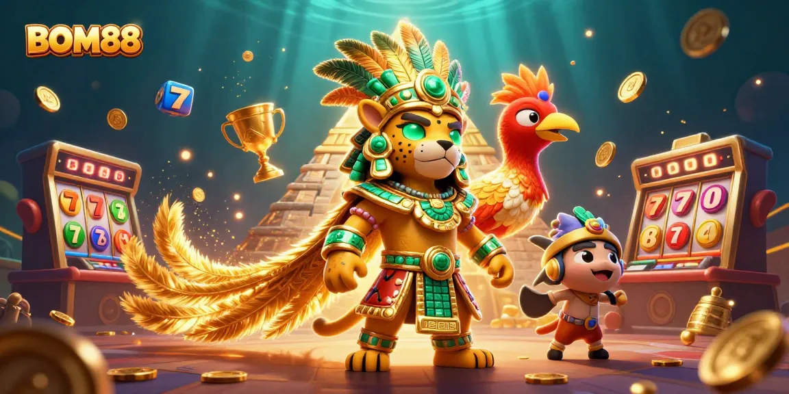 BOM88 slots illustrate vibrant gaming action with Mayan theme and casino elements.