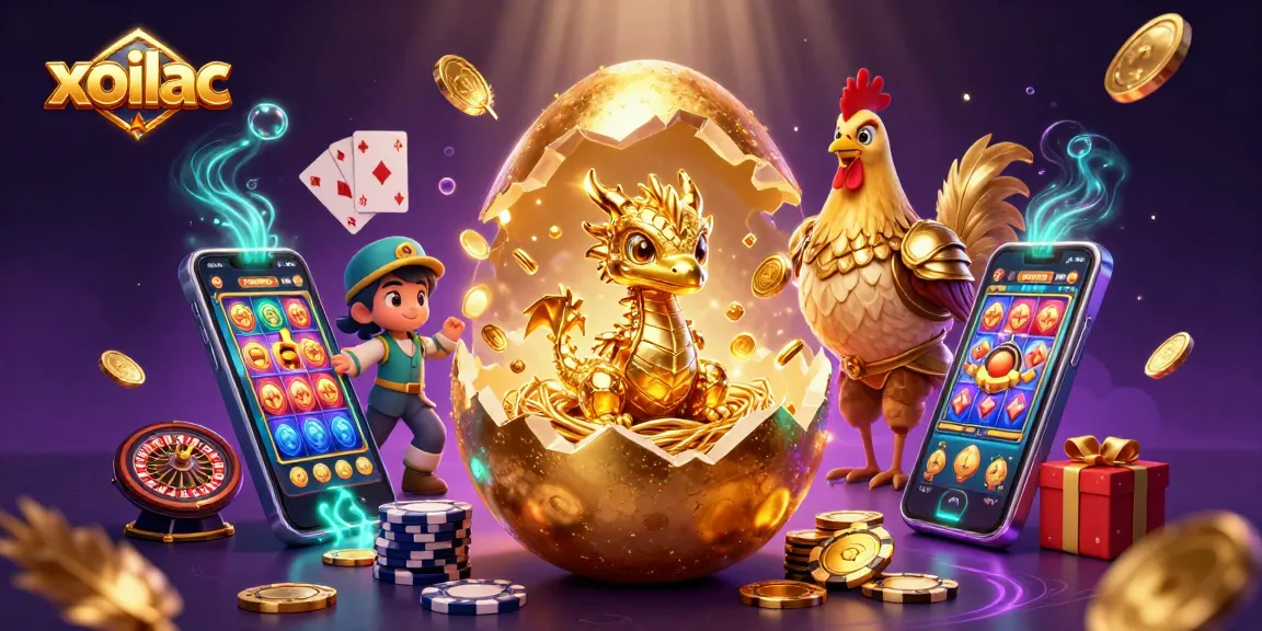 Experience thrilling online gaming with xoilac as a golden baby dragon reveals poker chips amidst dynamic slot games.