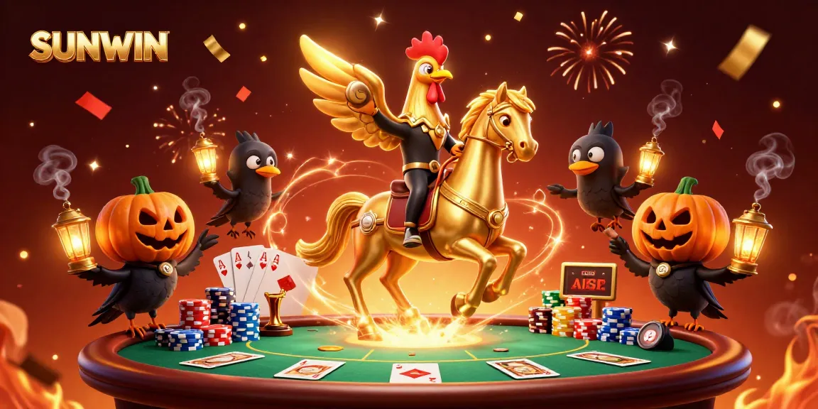 SUNWIN showcases a golden rooster riding through a vibrant casino filled with poker gameplay.