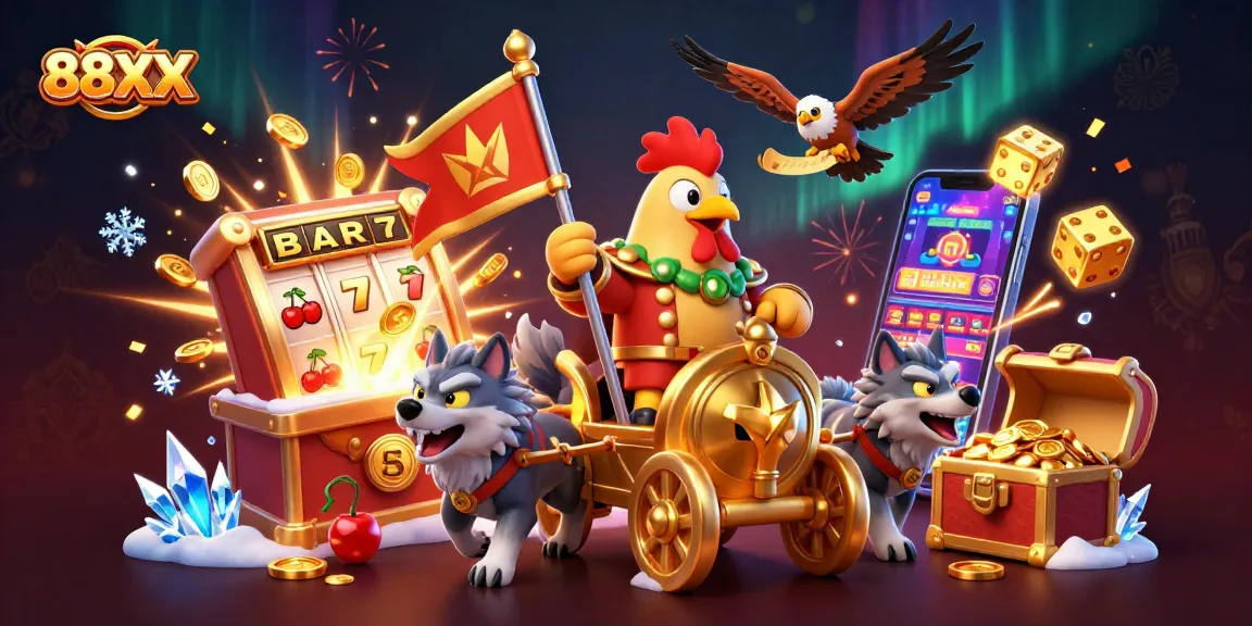 Engage with 88XX's thrilling casino experience featuring a dynamic rooster warlord and rich gaming elements.