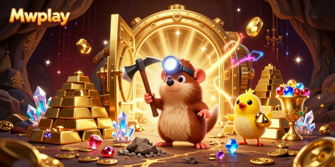 Experience thrilling moments at Mwplay as cartoon characters mine treasures in a vibrant casino setting.