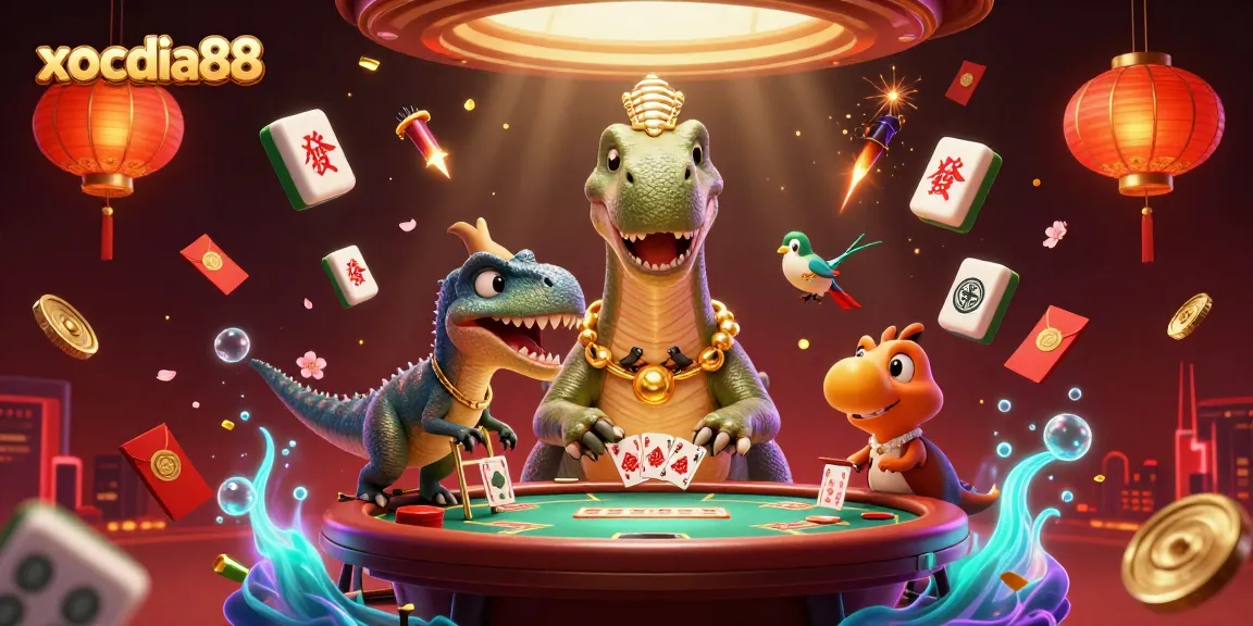 xocdia88 brings fun to life with a towering dinosaur dealer and vibrant gaming elements like lucky red envelopes.