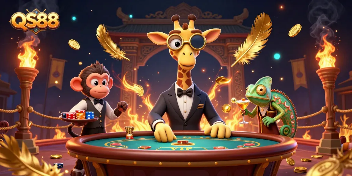 Experience thrilling gaming at QS88 with a vibrant 3D illustration showcasing exciting casino elements and characters.