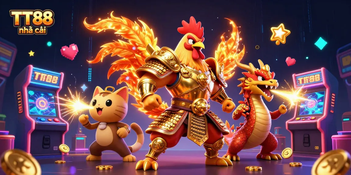 Engage with thrilling TT88 nhà cái gameplay featuring an armored rooster and mystical dragon in a vibrant casino scene.