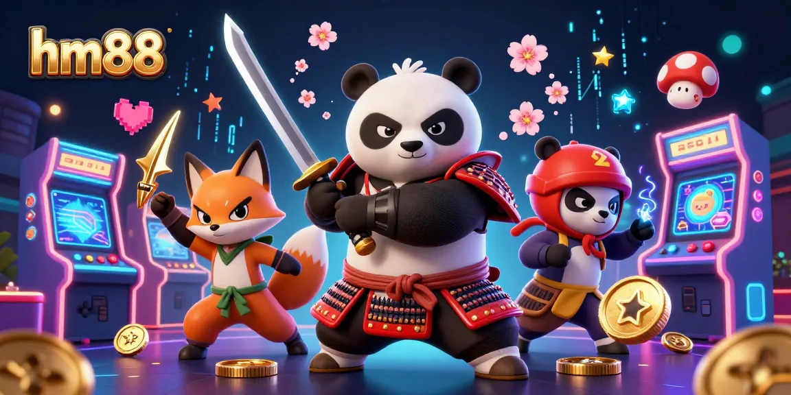 Engage in thrilling HM88 adventures with samurai panda and ninja fox in vibrant casino action.