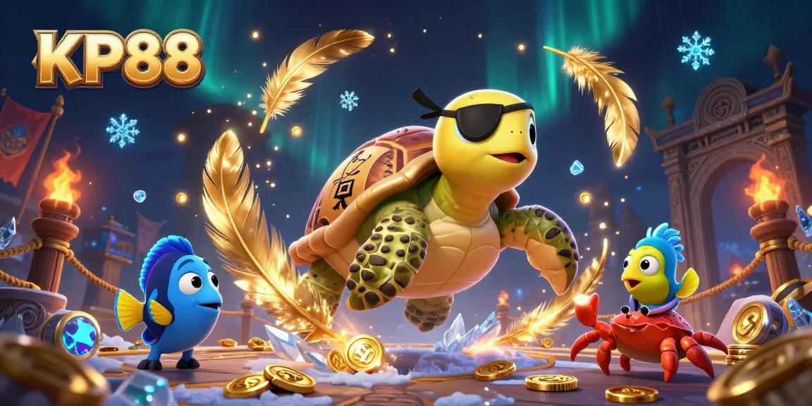 Engage with the KP88 online casino, showcasing a vibrant gambling adventure amidst treasure and characters.