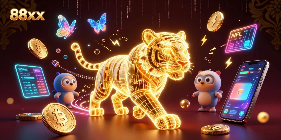 Engage with 88xx as a neon-wireframe tiger navigates a vibrant digital casino.
