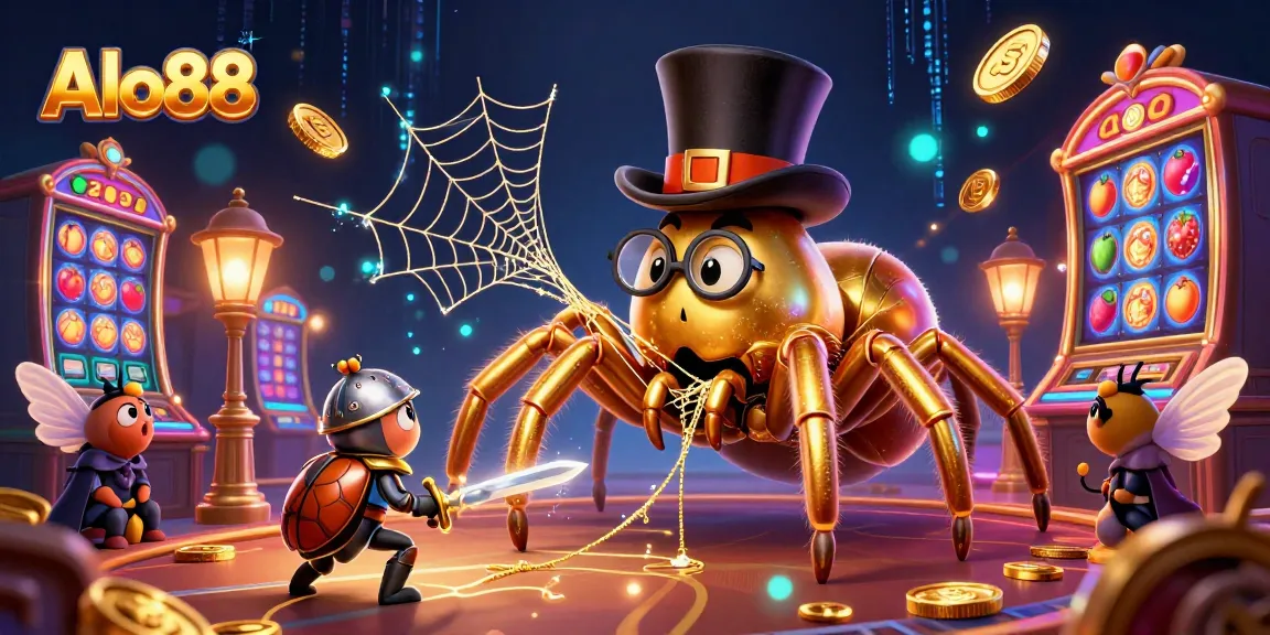 Alo88 casino scene showcasing a golden tarantula and beetle knight amidst vibrant slot game elements.