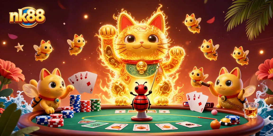Engage with nk88's lively casino atmosphere featuring a golden lucky cat formed by fireflies.