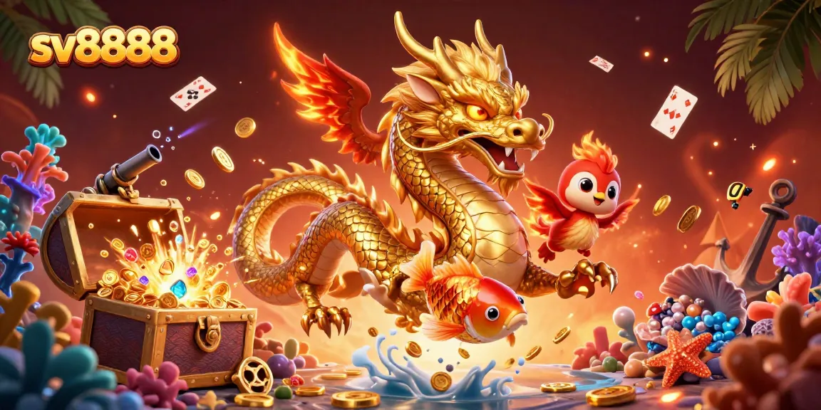 Experience thrilling wins with sv8888 featuring a golden dragon and koi fish in a vibrant casino scene.
