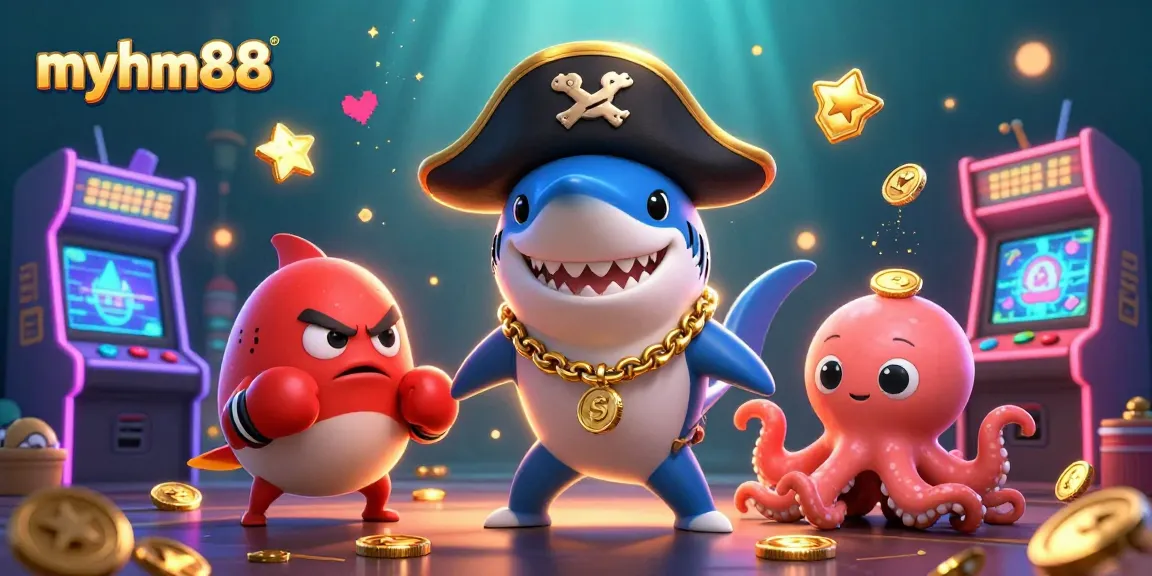 Engage with myhm88's vibrant casino experience featuring a shark, pufferfish, and octopus surrounded by coins and gaming elements.