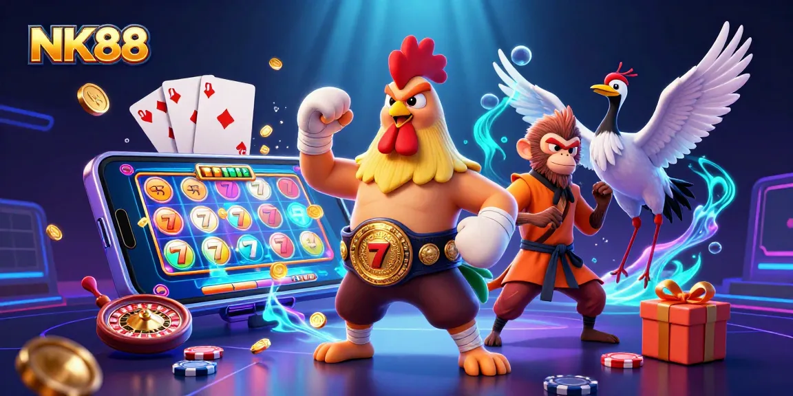 NK88 illustrates a dynamic online casino scene with characters and gaming elements enhancing action.