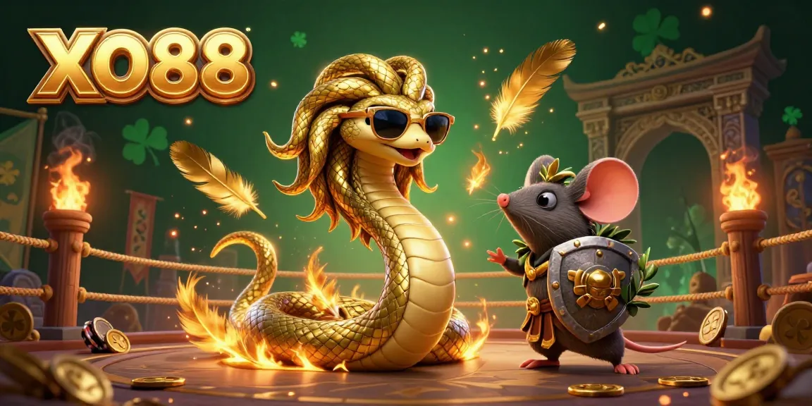 Engage with the thrilling ambiance of XO88, a festive illustration featuring a casino scene with captivating characters and dynamic gold elements.