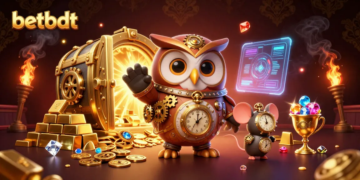 Experience thrilling gaming moments with betbdt's captivating steampunk owl amidst rich casino treasures.