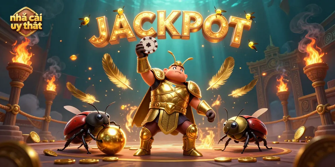 Engage with nhà cái uy tín as a beetle champion lifts the poker chip in a vibrant casino scene.