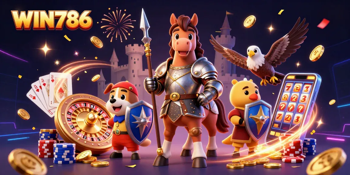 WIN786 promotional art featuring a knight, squire puppy, and falcon amidst casino elements.