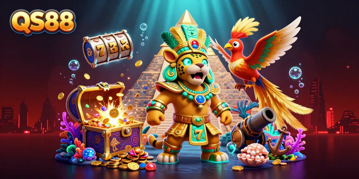 Experience the excitement of QS88 with vibrant casino symbols and dynamic game elements in this immersive scene.