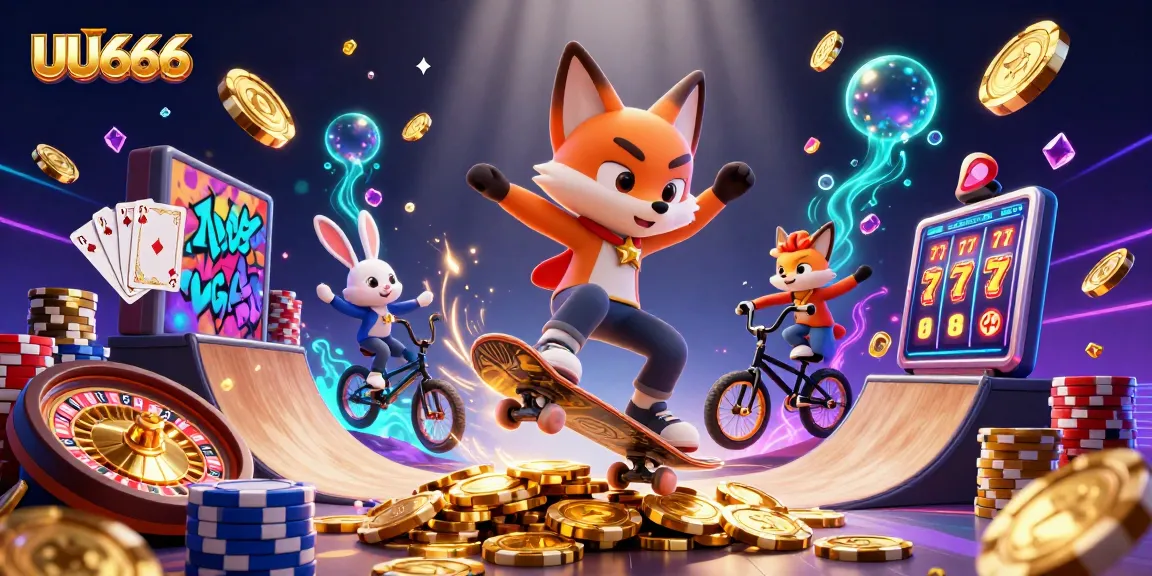 Experience thrilling action at UU666 with a cartoon fox doing stunts over a casino-themed environment.