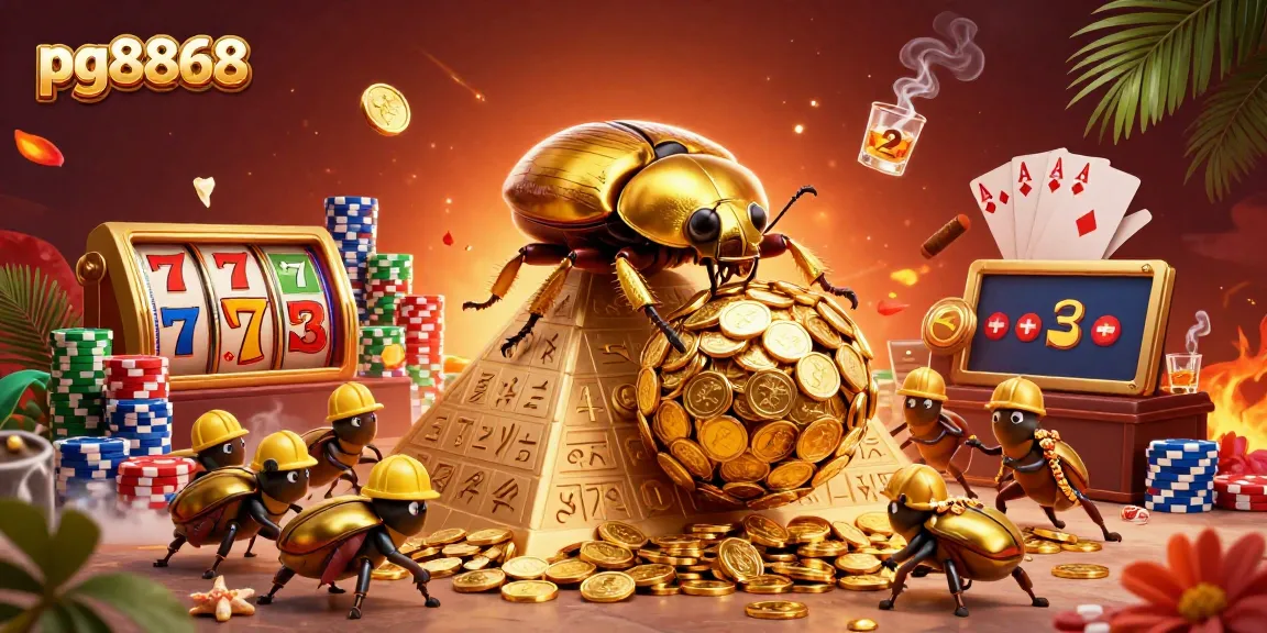 Experience excitement at pg8868 with a dynamic scene of golden beetles celebrating slots and jackpots.