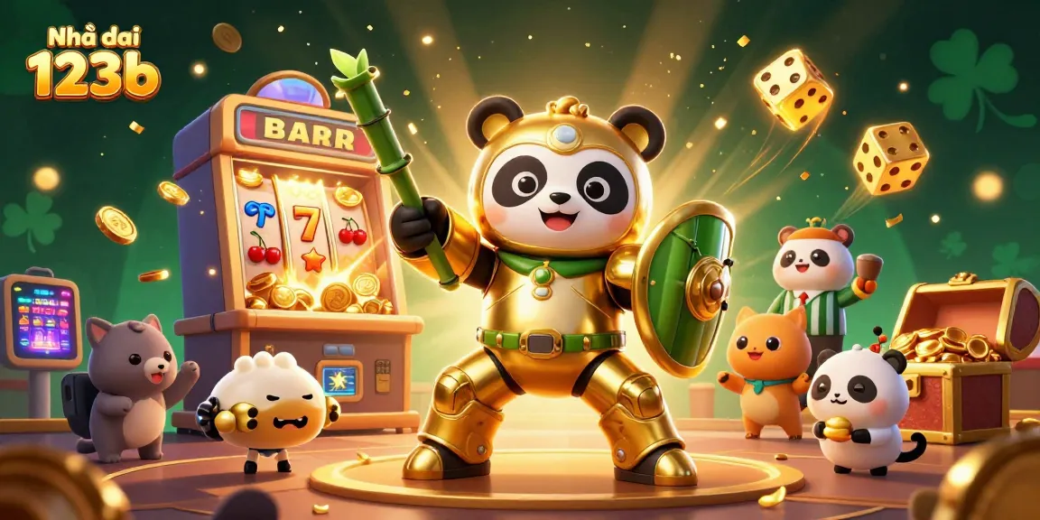 Play vibrant slots at Nhà cái 123b in a dynamic casino scene with lively characters and game action.
