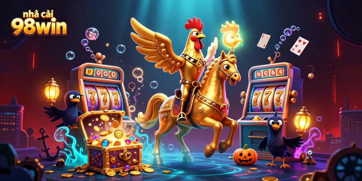 Engage with nhà cái 98win at a vibrant casino filled with gold and glamorous gaming elements.