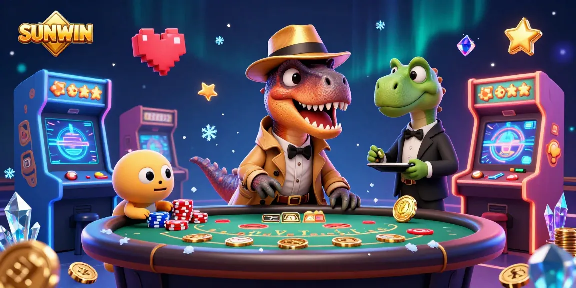 SUNWIN engages players with a vibrant 3D casino illustration featuring dynamic characters at the blackjack table.
