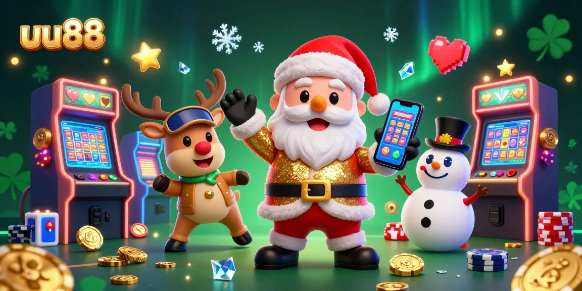 uu88 offers a vibrant casino experience with Santa and friends in a colorful game-filled scene.